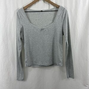 H&M Divided Gray Pointelle Lace Trim Long Sleeve Layering Top Womens L Y2K